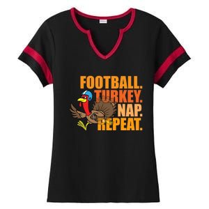 Funny Football Turkey Nap Repeat Thanksgiving Ladies Halftime Notch Neck Tee