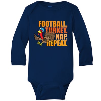 Funny Football Turkey Nap Repeat Thanksgiving Baby Long Sleeve Bodysuit