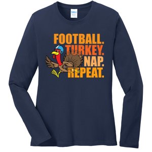 Funny Football Turkey Nap Repeat Thanksgiving Ladies Long Sleeve Shirt