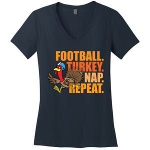 Funny Football Turkey Nap Repeat Thanksgiving Women's V-Neck T-Shirt