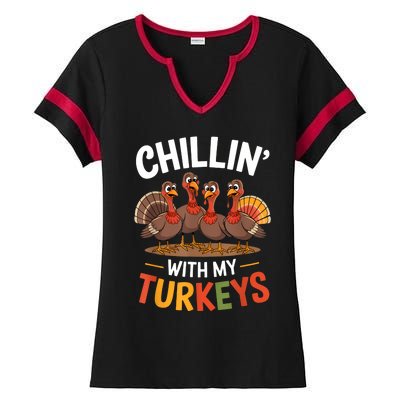 Funny Family Thanksgiving Chillin With My Turkeys Ladies Halftime Notch Neck Tee