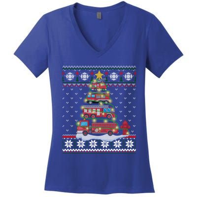 Firefighter Fire Truck Christmas Tree Xmas Gift Ugly Sweater Gift Women's V-Neck T-Shirt