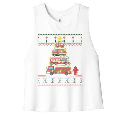 Firefighter Fire Truck Christmas Tree Xmas Gift Ugly Sweater Gift Women's Racerback Cropped Tank