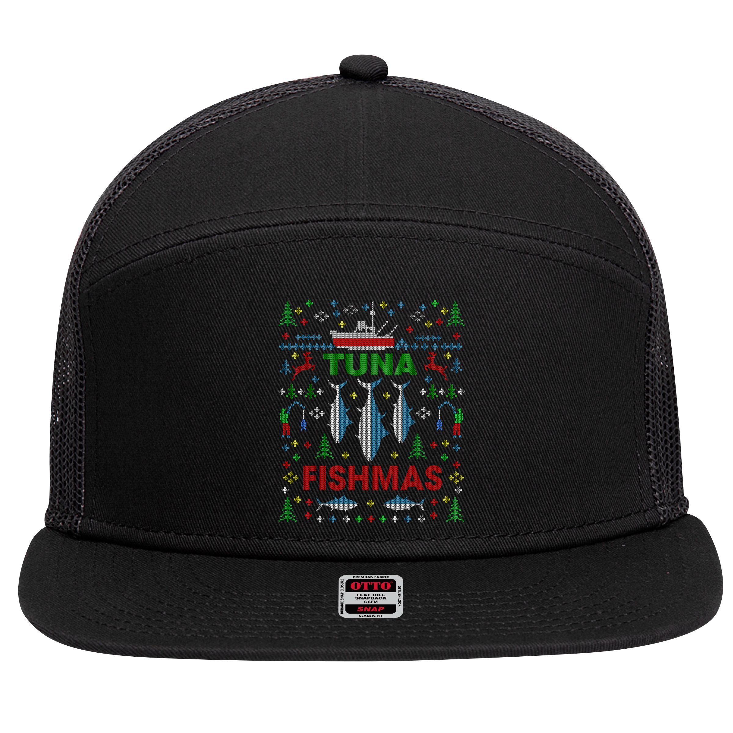 Funny Fish Tuna Fishmas Ugly Christmas Sweater Party Fisherman 7 Panel Mesh Trucker Snapback Hat