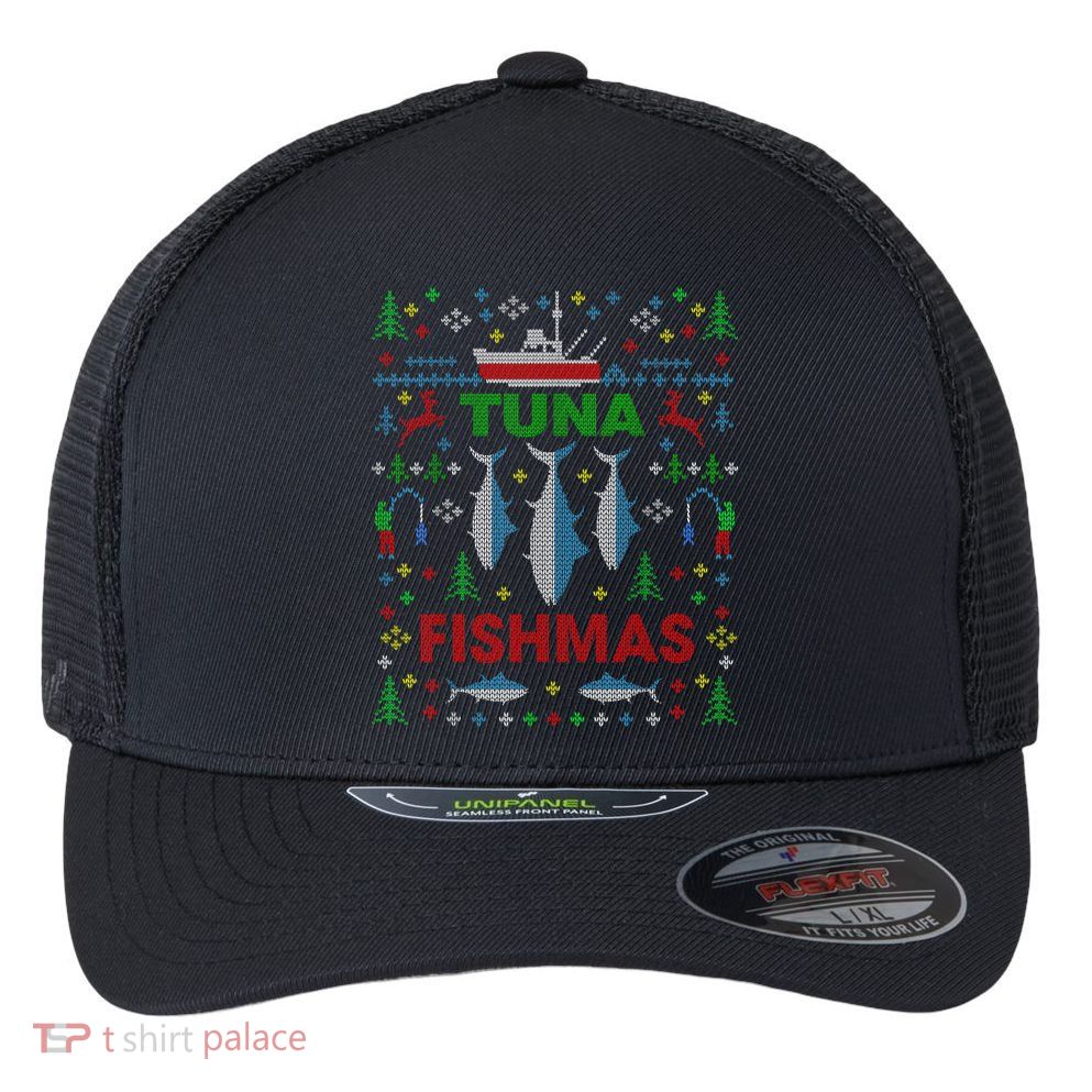 Funny Fish Tuna Fishmas Ugly Christmas Sweater Party Fisherman Flexfit Unipanel Trucker Cap