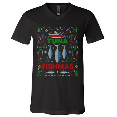 Funny Fish Tuna Fishmas Ugly Christmas Sweater Party Fisherman V-Neck T-Shirt