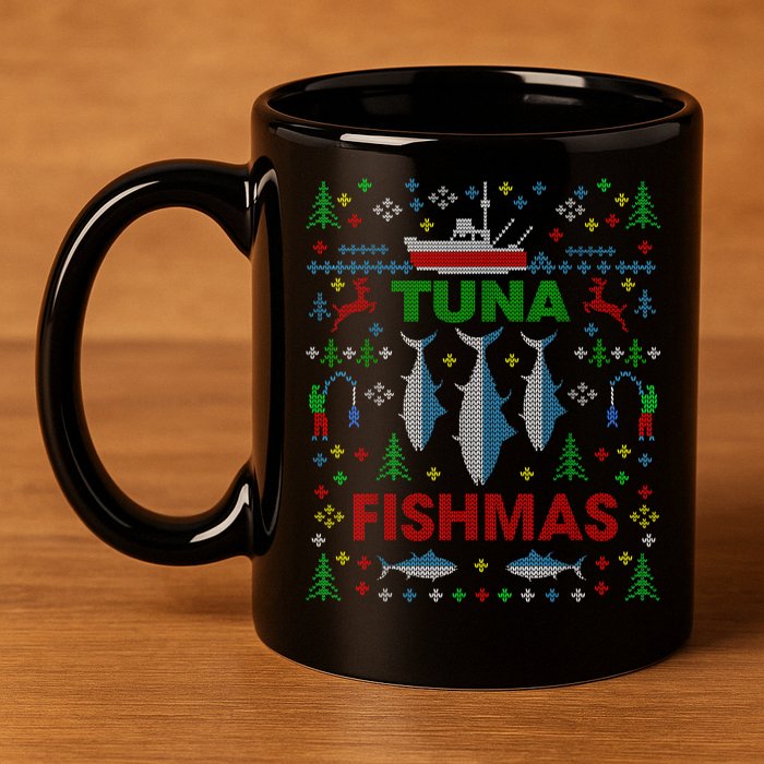 Funny Fish Tuna Fishmas Ugly Christmas Sweater Party Fisherman 11oz C Handle Ceramic Mug