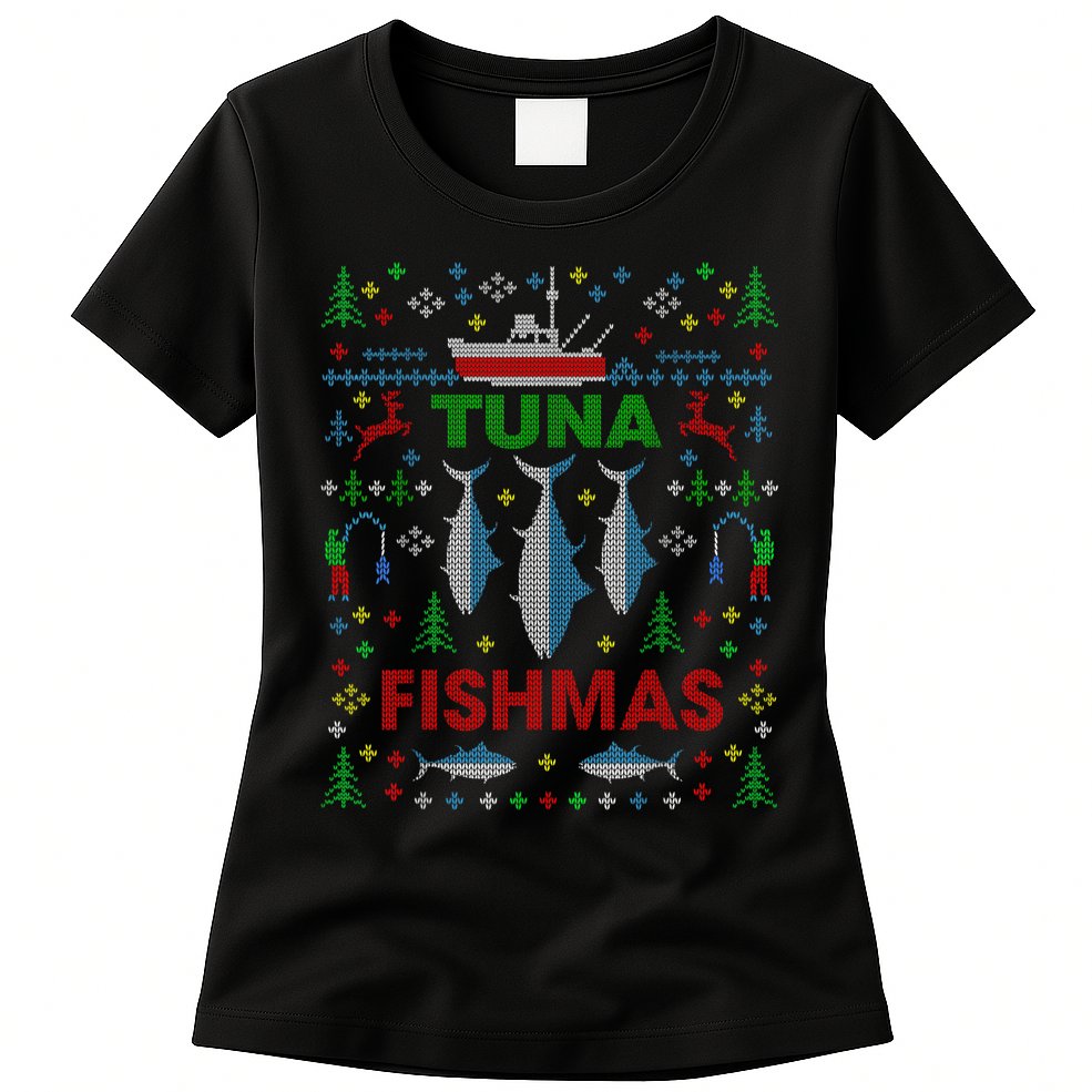 Funny Fish Tuna Fishmas Ugly Christmas Sweater Party Fisherman Womens T-Shirt