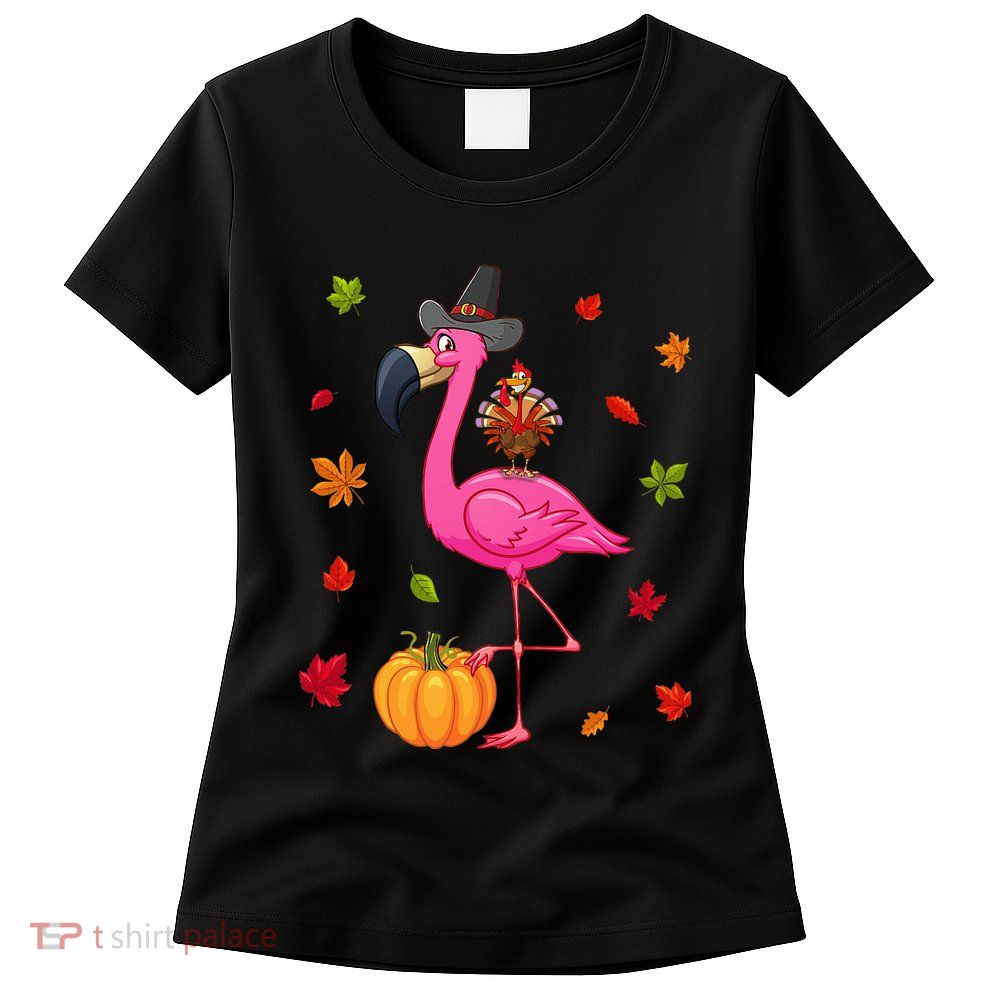 Funny Flamingo Turkey Thanksgiving Pumpkin Womens T-Shirt