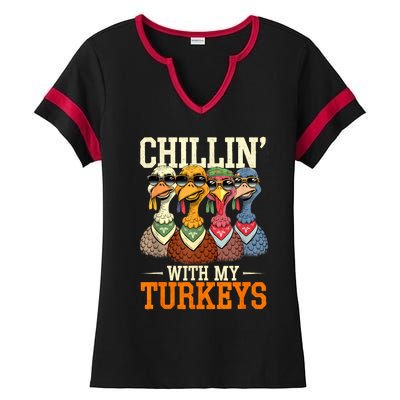 Funny Family Thanksgiving Chillin With My Turkeys Ladies Halftime Notch Neck Tee