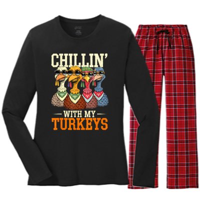 Funny Family Thanksgiving Chillin With My Turkeys Women's Long Sleeve Flannel Pajama Set 