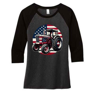 Funny Farm Tractors Usa Flag Patriotic Farming 4th Of July Women's Tri-Blend 3/4-Sleeve Raglan Shirt