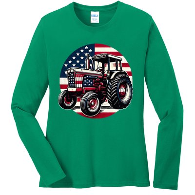 Funny Farm Tractors Usa Flag Patriotic Farming 4th Of July Ladies Long Sleeve Shirt