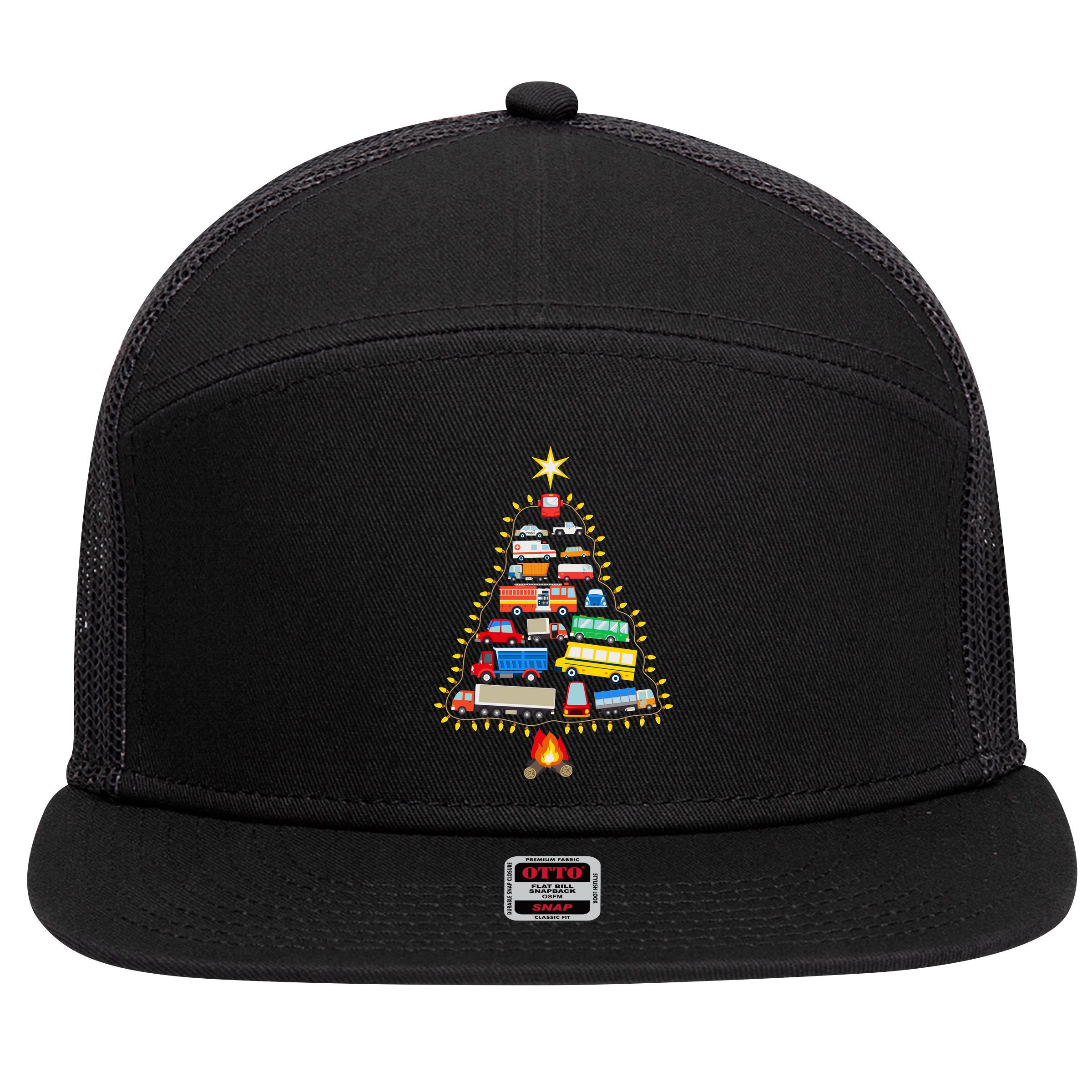 Firefighter Fire Truck Christmas Tree Xmas Tshirt 7 Panel Mesh Trucker Snapback Hat