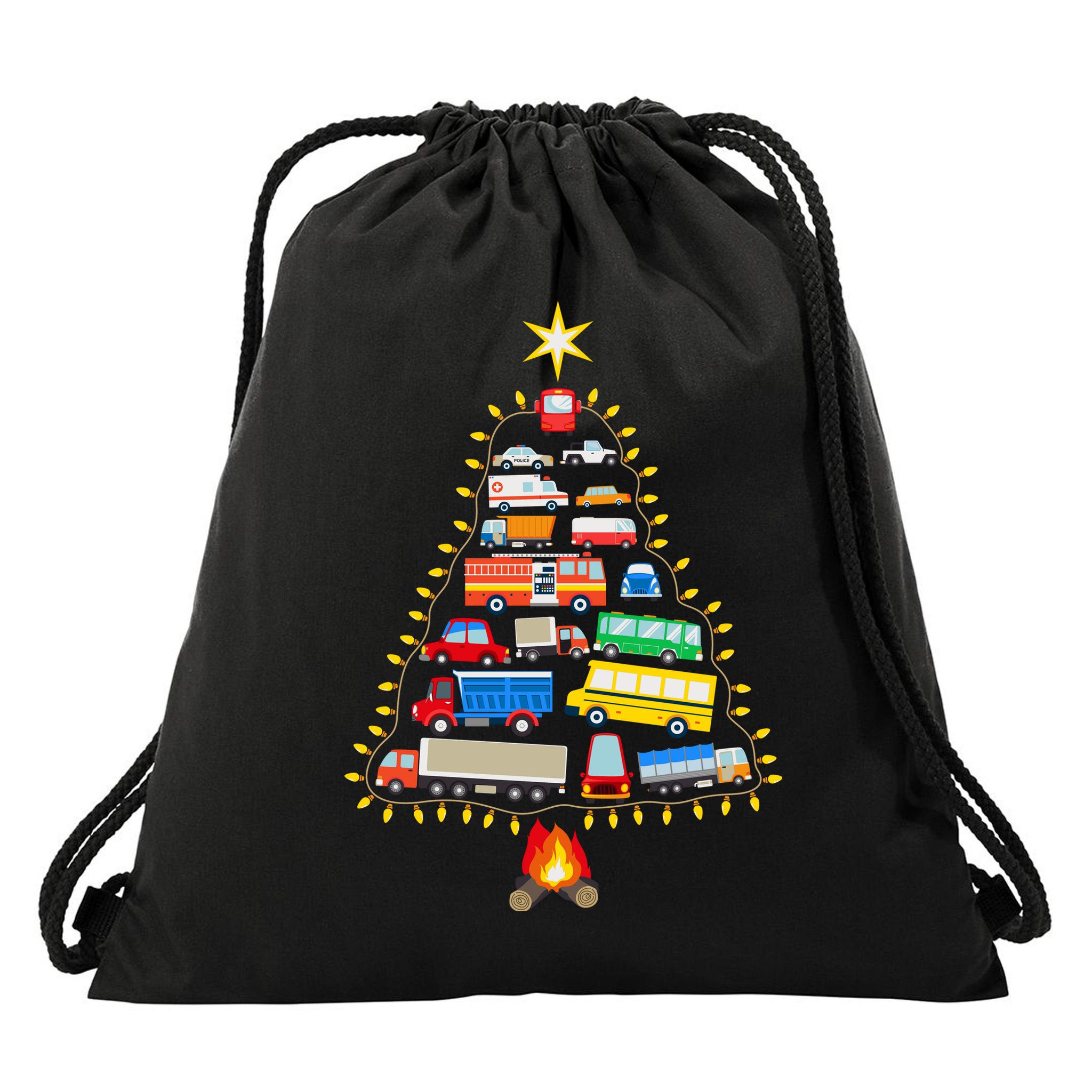 Firefighter Fire Truck Christmas Tree Xmas Tshirt Drawstring Bag