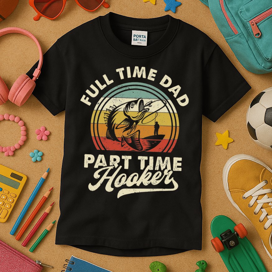 Fishing Full Time Dad Part Time Hooker Father's Day Kids T-Shirt