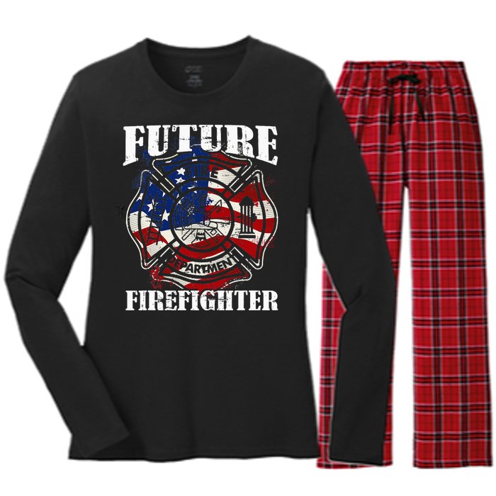 Future Firefighter Usa Flag Theme For Birthday Women's Long Sleeve Flannel Pajama Set 