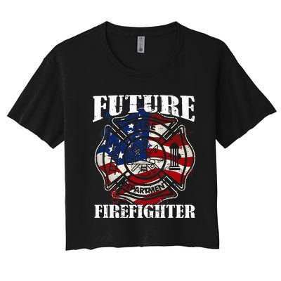 Future Firefighter Usa Flag Theme For Birthday Women's Crop Top Tee