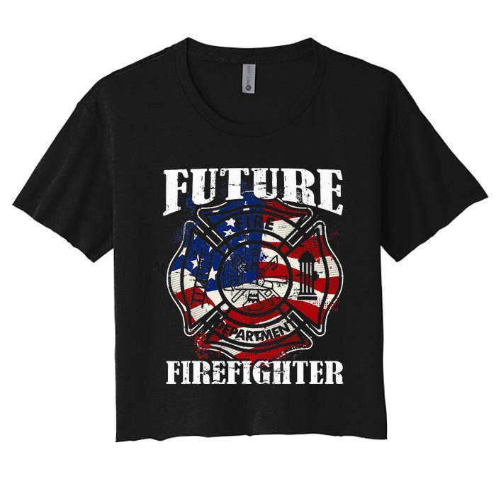 Future Firefighter Usa Flag Theme For Birthday Women's Crop Top Tee