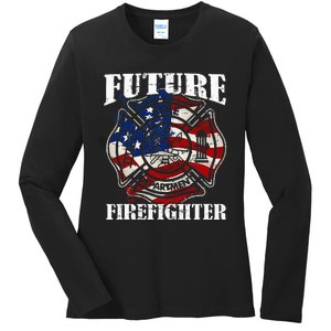 Future Firefighter Usa Flag Theme For Birthday Ladies Long Sleeve Shirt