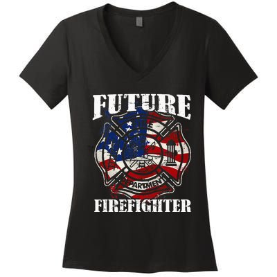 Future Firefighter Usa Flag Theme For Birthday Women's V-Neck T-Shirt