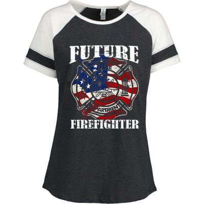 Future Firefighter Usa Flag Theme For Birthday Enza Ladies Jersey Colorblock Tee