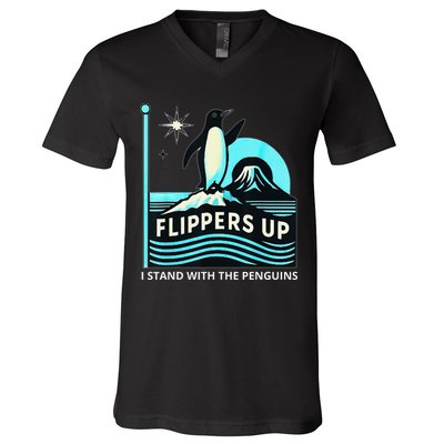 Funny-Penguin-Flippers-Up-I-Stand-With-The-Penguins V-Neck T-Shirt