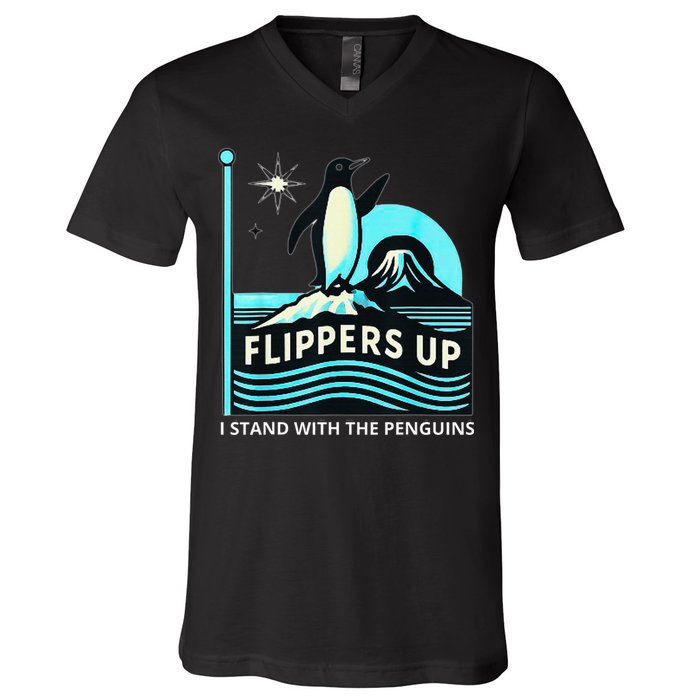 Funny-Penguin-Flippers-Up-I-Stand-With-The-Penguins V-Neck T-Shirt