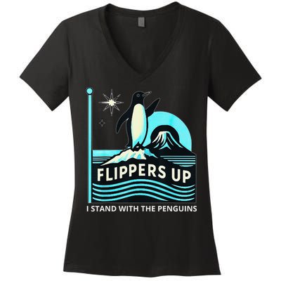 Funny-Penguin-Flippers-Up-I-Stand-With-The-Penguins Women's V-Neck T-Shirt
