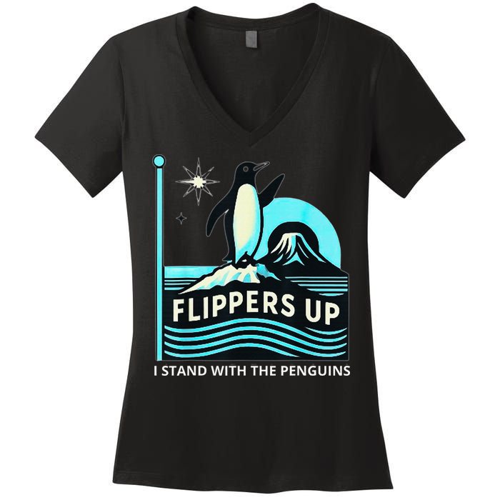 Funny-Penguin-Flippers-Up-I-Stand-With-The-Penguins Women's V-Neck T-Shirt