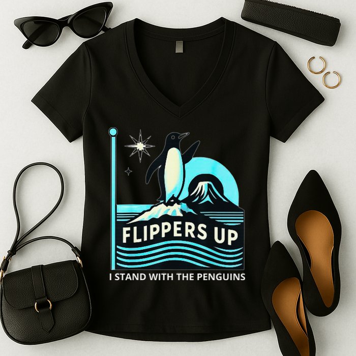 Funny-Penguin-Flippers-Up-I-Stand-With-The-Penguins Women's V-Neck T-Shirt