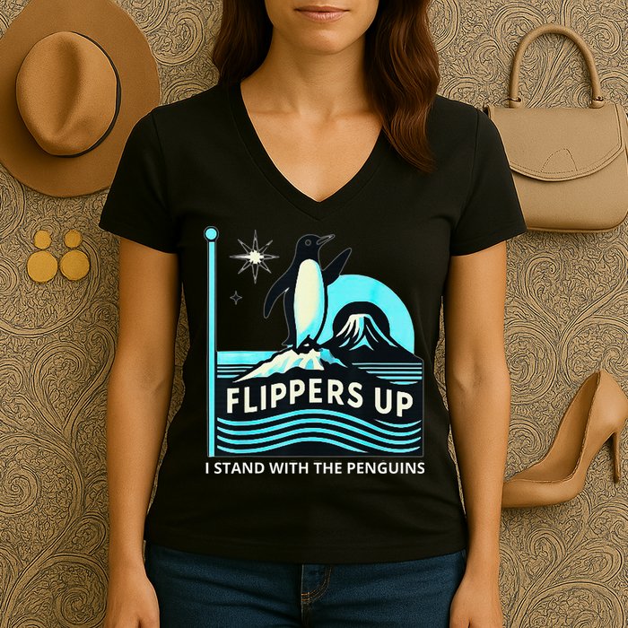 Funny-Penguin-Flippers-Up-I-Stand-With-The-Penguins Women's V-Neck T-Shirt