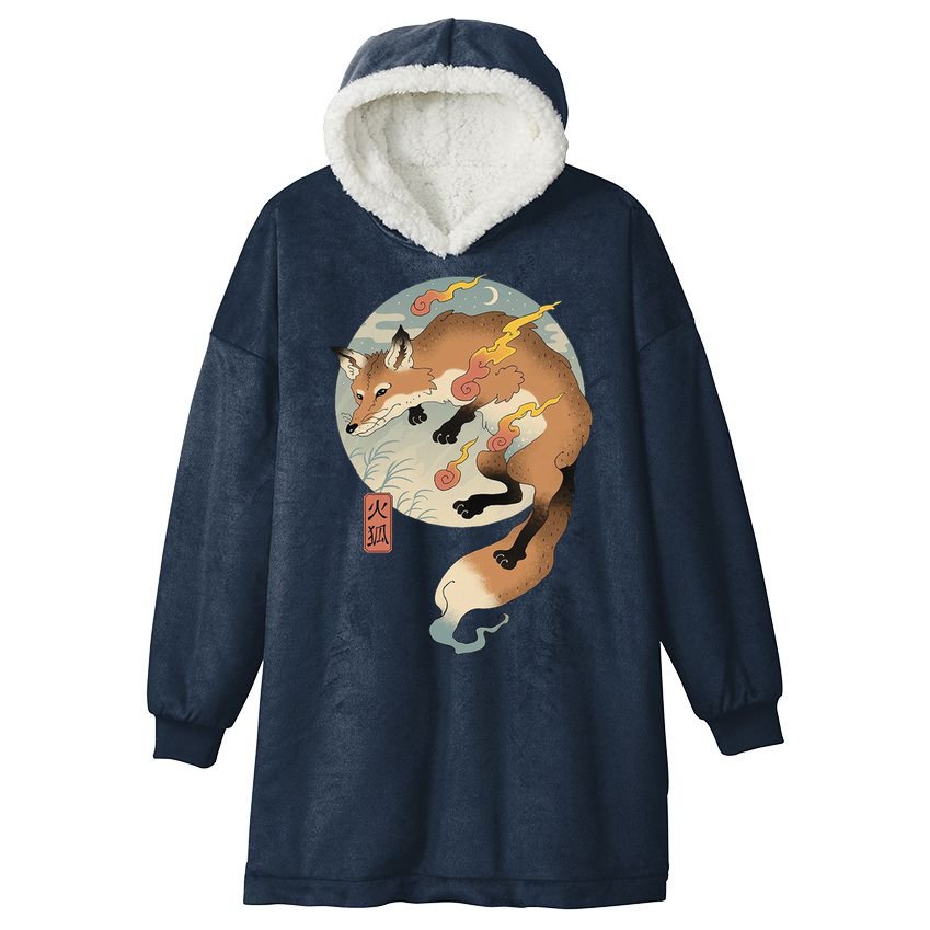 Fire Fox Ukiyo E Japanese Hooded Wearable Blanket
