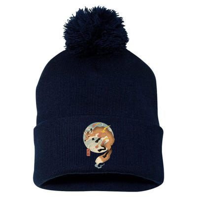 Fire Fox Ukiyo E Japanese Pom Pom 12in Knit Beanie