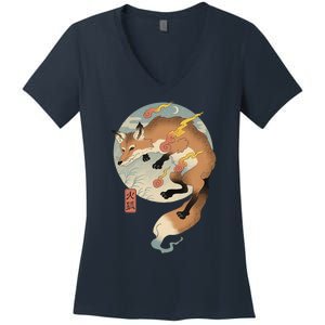 Fire Fox Ukiyo E Japanese Women's V-Neck T-Shirt