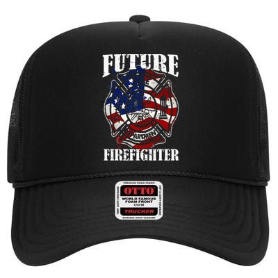 Future Firefighter USA Flag Theme For Birthday High Crown Mesh Back Trucker Hat