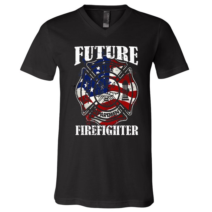 Future Firefighter USA Flag Theme For Birthday V-Neck T-Shirt