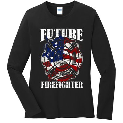 Future Firefighter USA Flag Theme For Birthday Ladies Long Sleeve Shirt