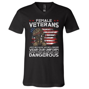 Funny Female Veteran Not Any Less Dangerous V-Neck T-Shirt