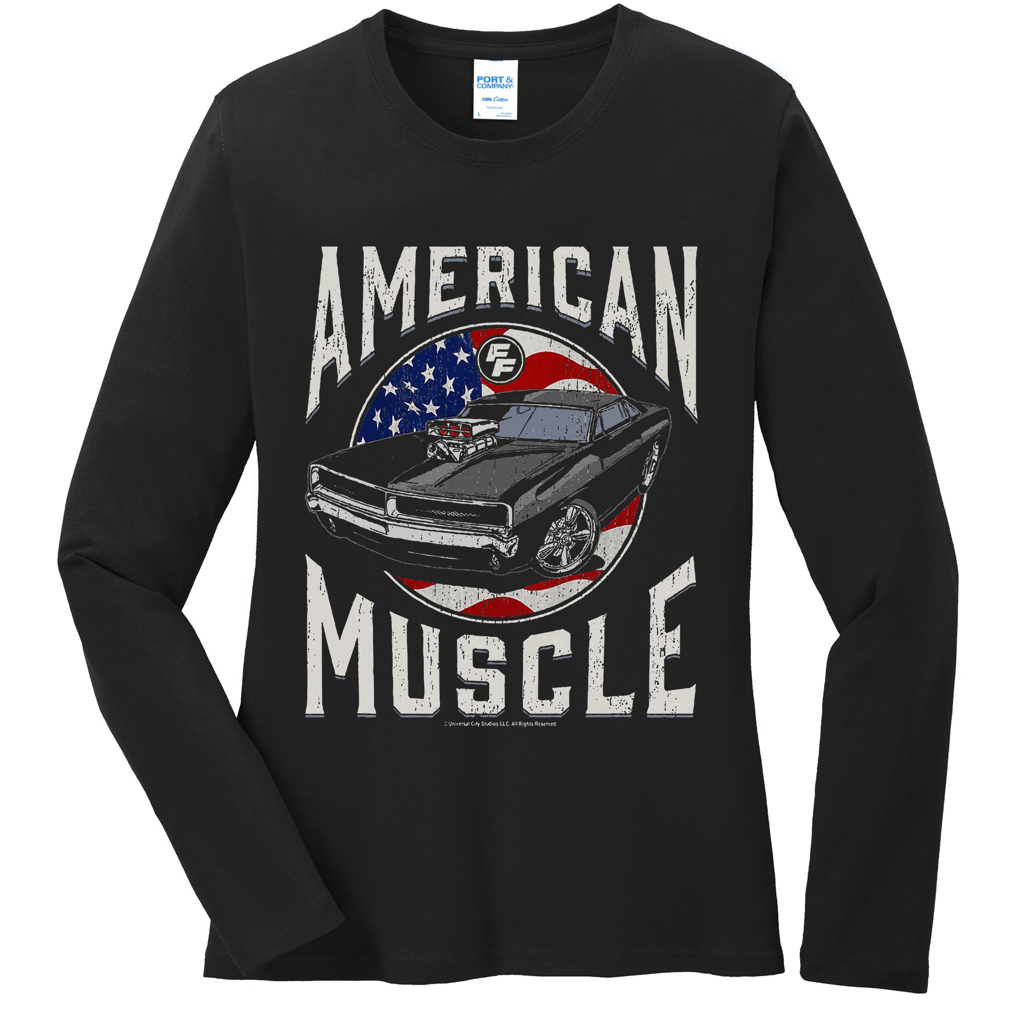 Fast & Furious Vintage American Muscle Flag Fill Ladies Long Sleeve Shirt