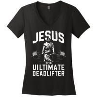 Fitness Funny Vintage Jesus The Ultimate Deadlifter Women's V-Neck T-Shirt