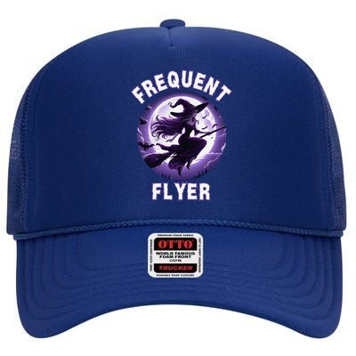 Frequent Flyer Witch Funny Halloween Witch Costume Flyer High Crown Mesh Back Trucker Hat