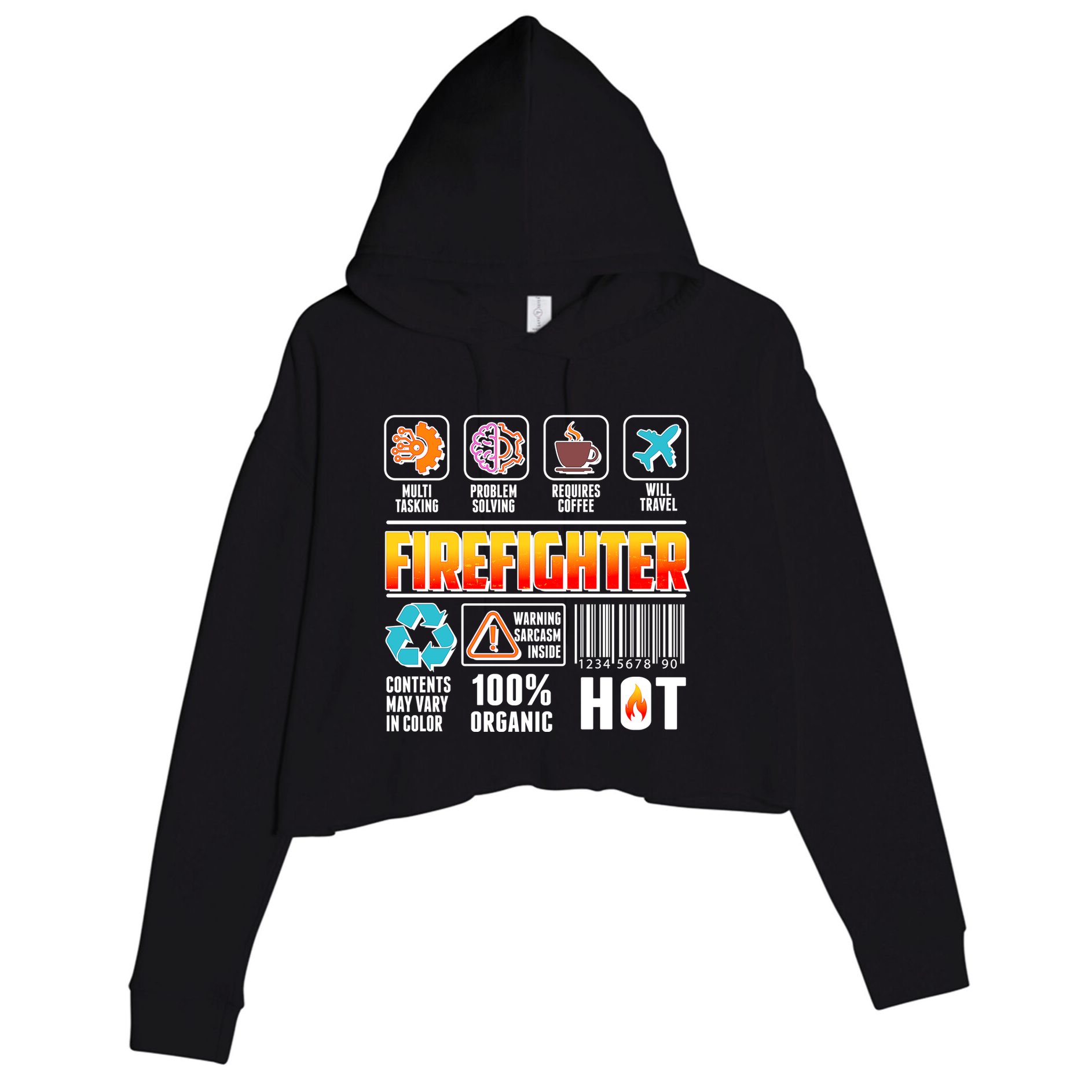 Funny Firefighter Warning Label Crop Fleece Hoodie