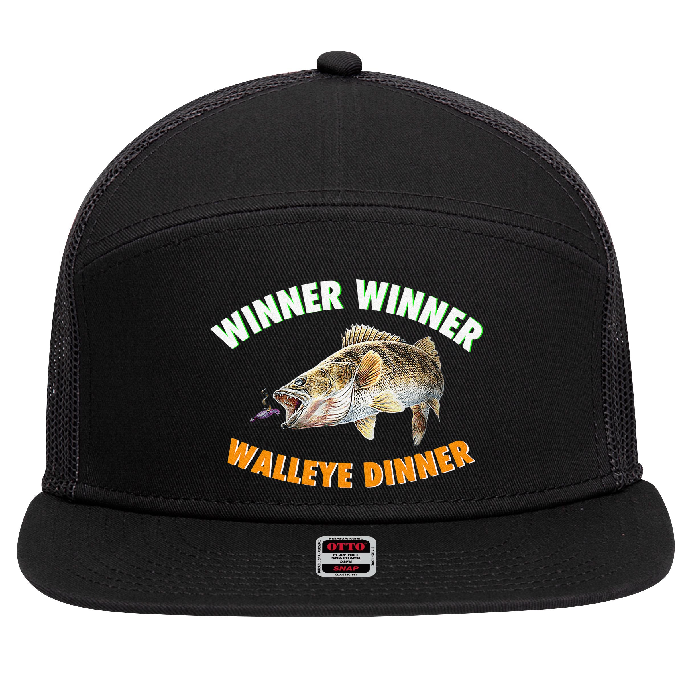 Funny Fishing WINNER WINNER WALLEYE DINNER Fish Fry 7 Panel Mesh Trucker Snapback Hat