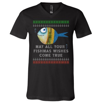 FishermanS Fishmas Wishes Fishing Ugly Christmas V-Neck T-Shirt