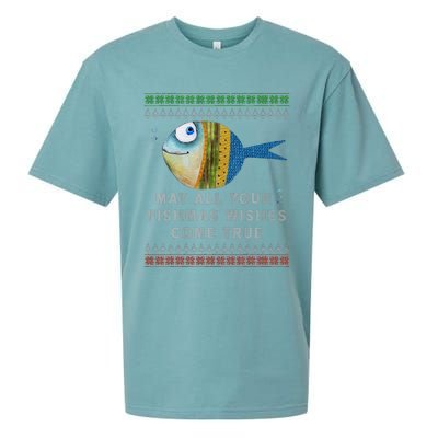 FishermanS Fishmas Wishes Fishing Ugly Christmas Sueded Cloud Jersey T-Shirt