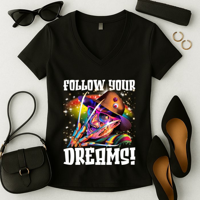Freddy Follow Your Dream Rainbow Freddy Nightmare Horror Halloween Women's V-Neck T-Shirt