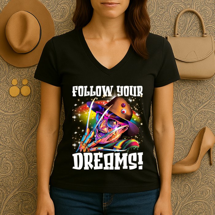 Freddy Follow Your Dream Rainbow Freddy Nightmare Horror Halloween Women's V-Neck T-Shirt