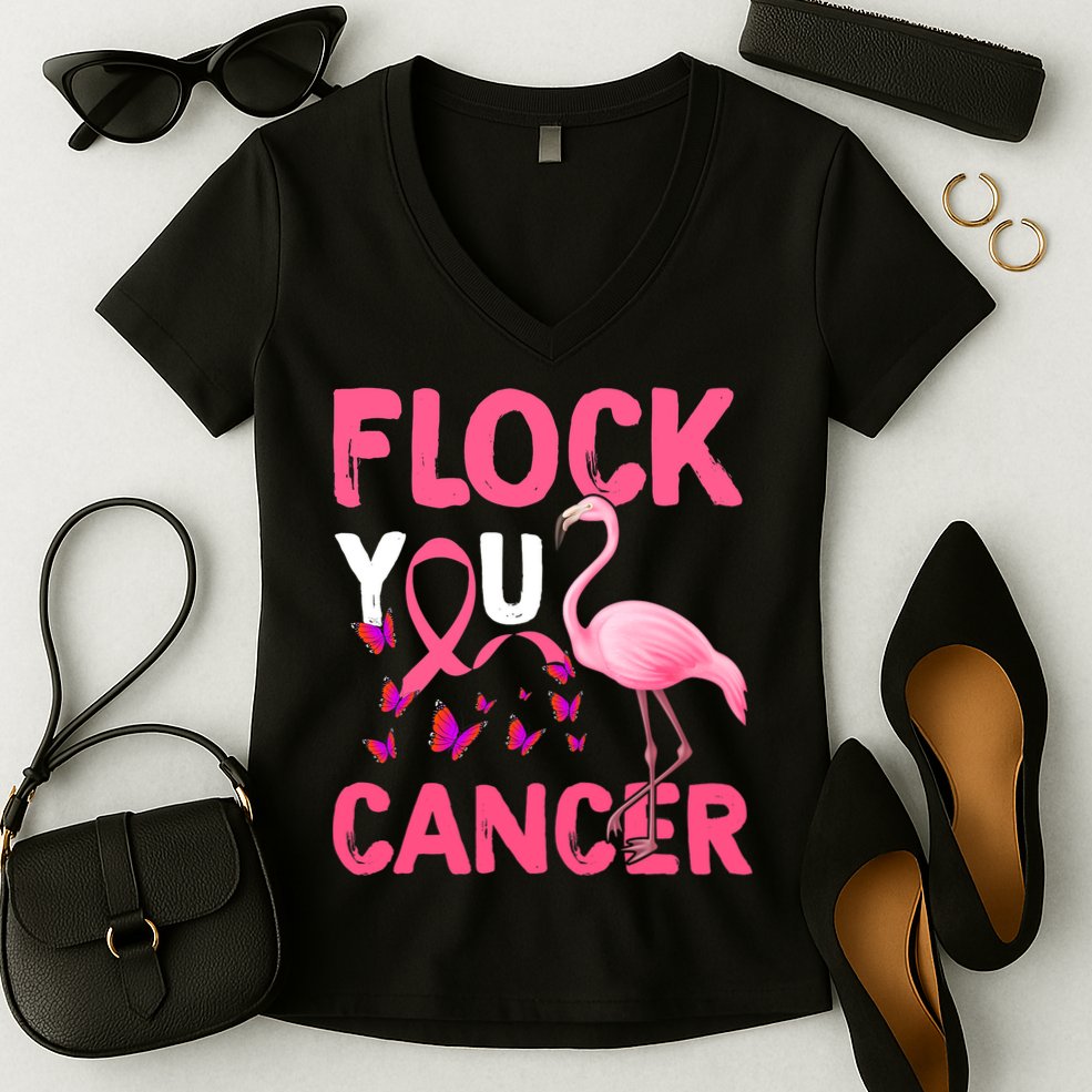 Funny Flock You Flamingo Cancer Breast Cancer Women's V-Neck T-Shirt