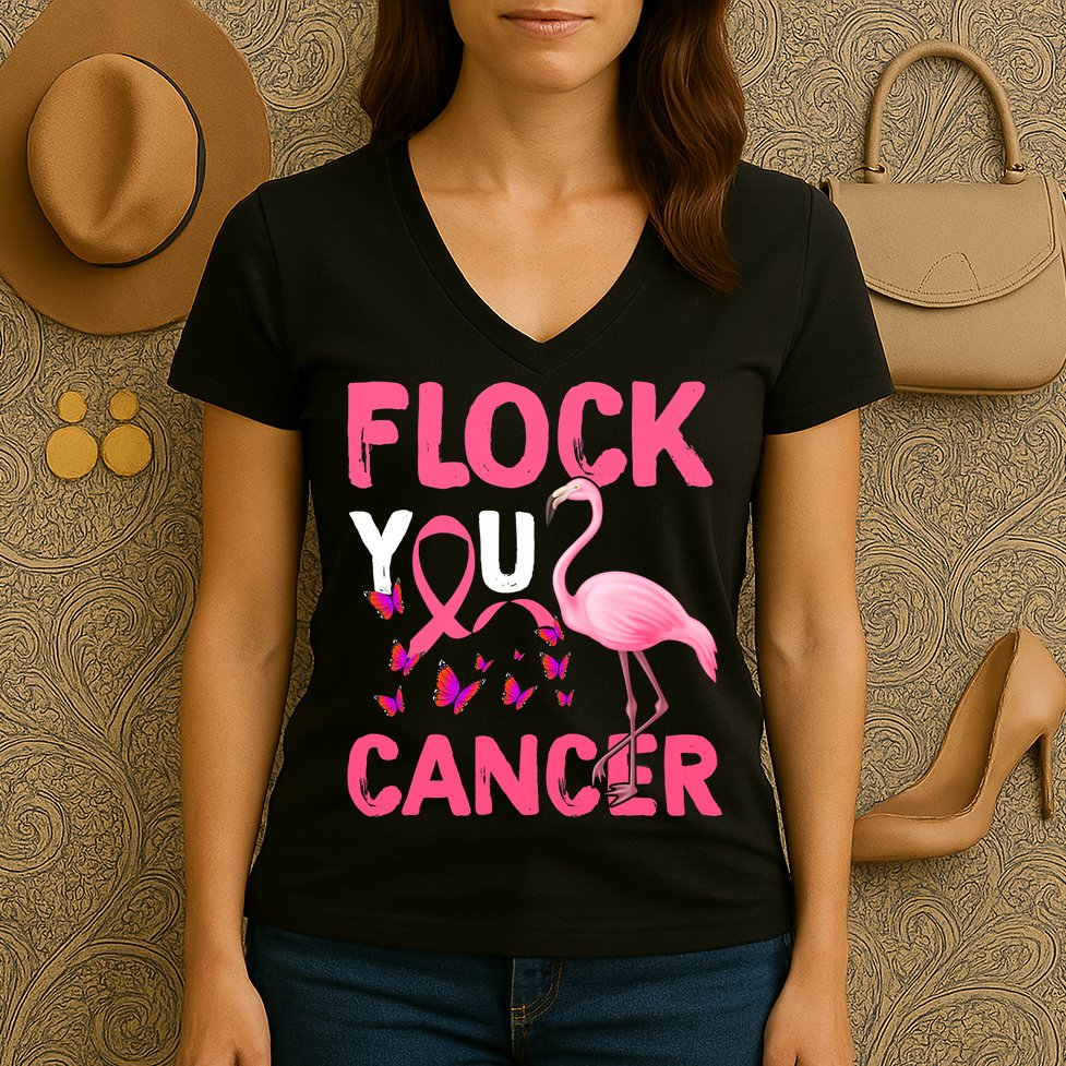 Funny Flock You Flamingo Cancer Breast Cancer Women's V-Neck T-Shirt